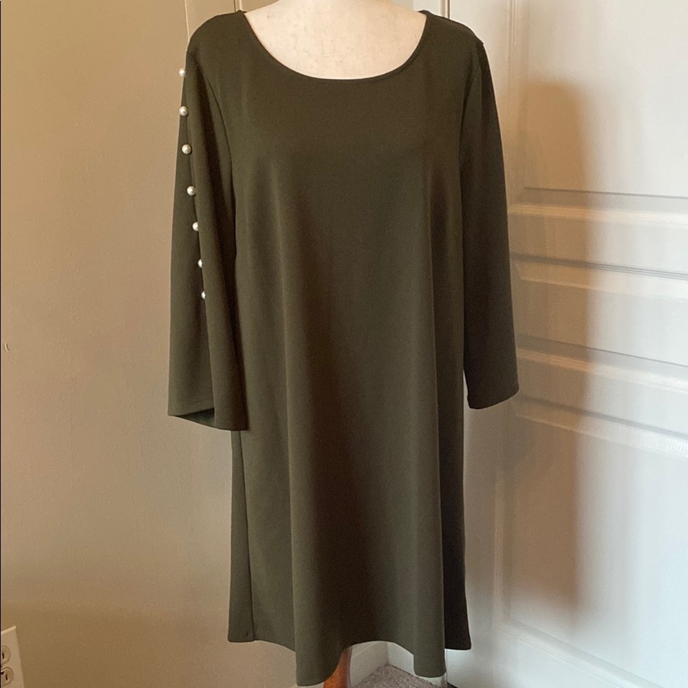 Elegant Olive Green Dress with Pearl Accents